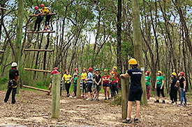 Girls in bush wearing harnesses and helmets taking turns to climb log ladder at Yarramundi NSW