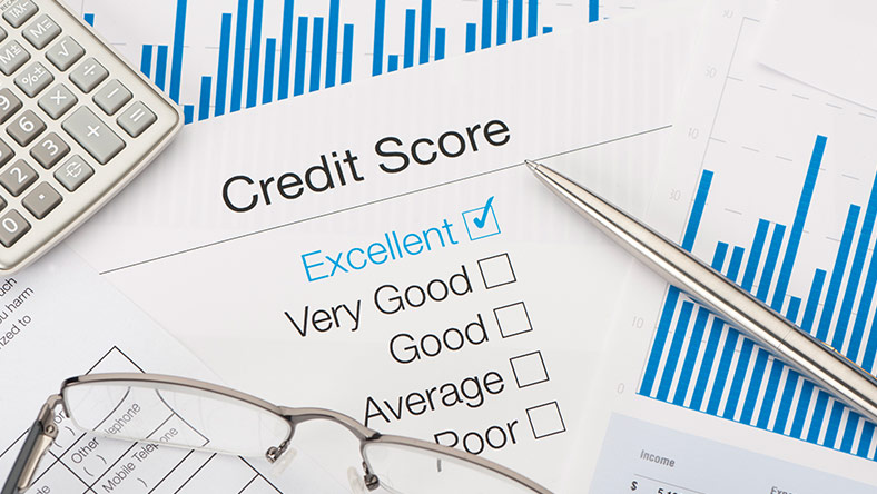 Credit report document with excellent credit score rating