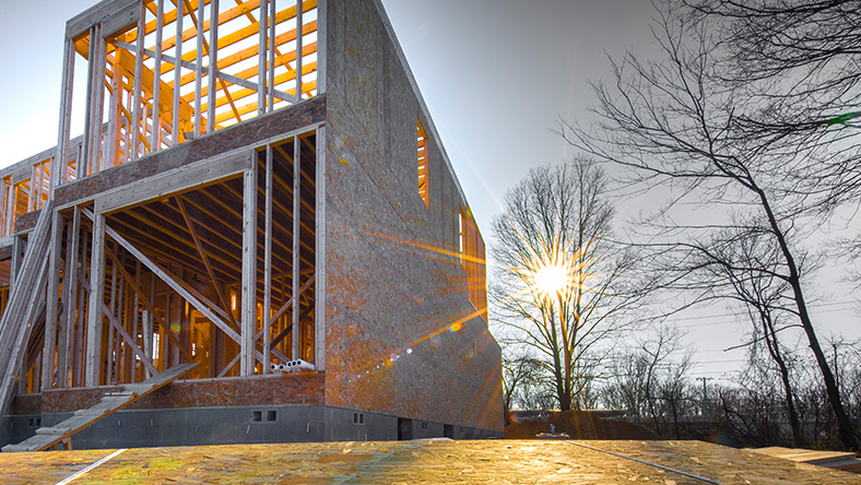 A newly constructed two storey house at dusk