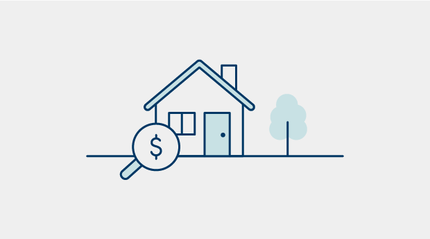 A drawing of a house with a magnifying glass with a dollar sign; representing that our Lending Specialists make sure you’re getting the best value loan for you and your budget.