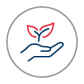 Icon of a hand nurturing a growing tree, symbolizing commitment to environmental sustainability in banking practices.