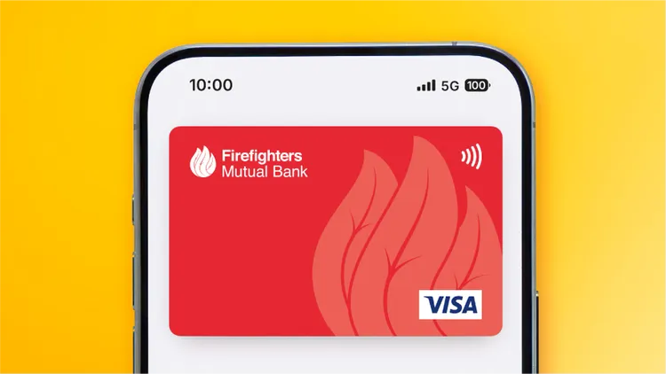 A smartphone screen displays a bright red digital bank card against a yellow background.
