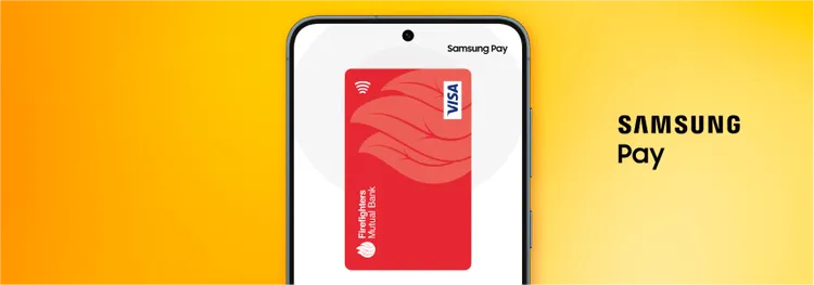 A smartphone screen displays a red Visa payment card inside the Samsung Pay mobile wallet interface.