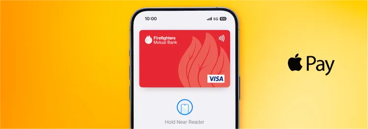 A smartphone screen shows a digital red Visa card from Firefighters Mutual Bank within a mobile wallet interface.